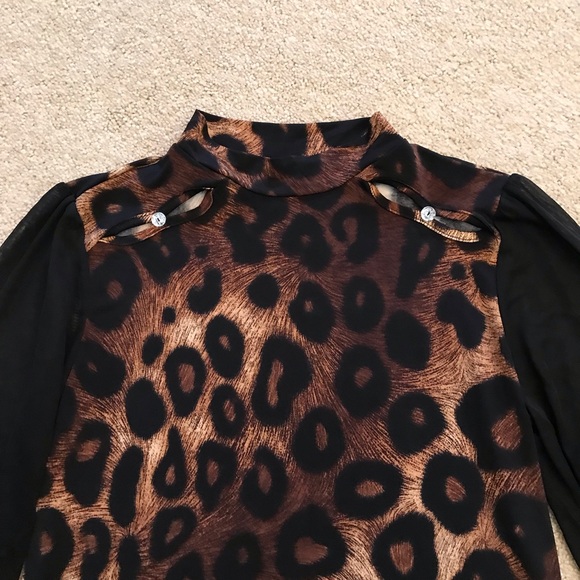 Adele May Cheetah Leopard Print Top Womens Size Small Brown Black Super Stretch - Picture 2 of 7
